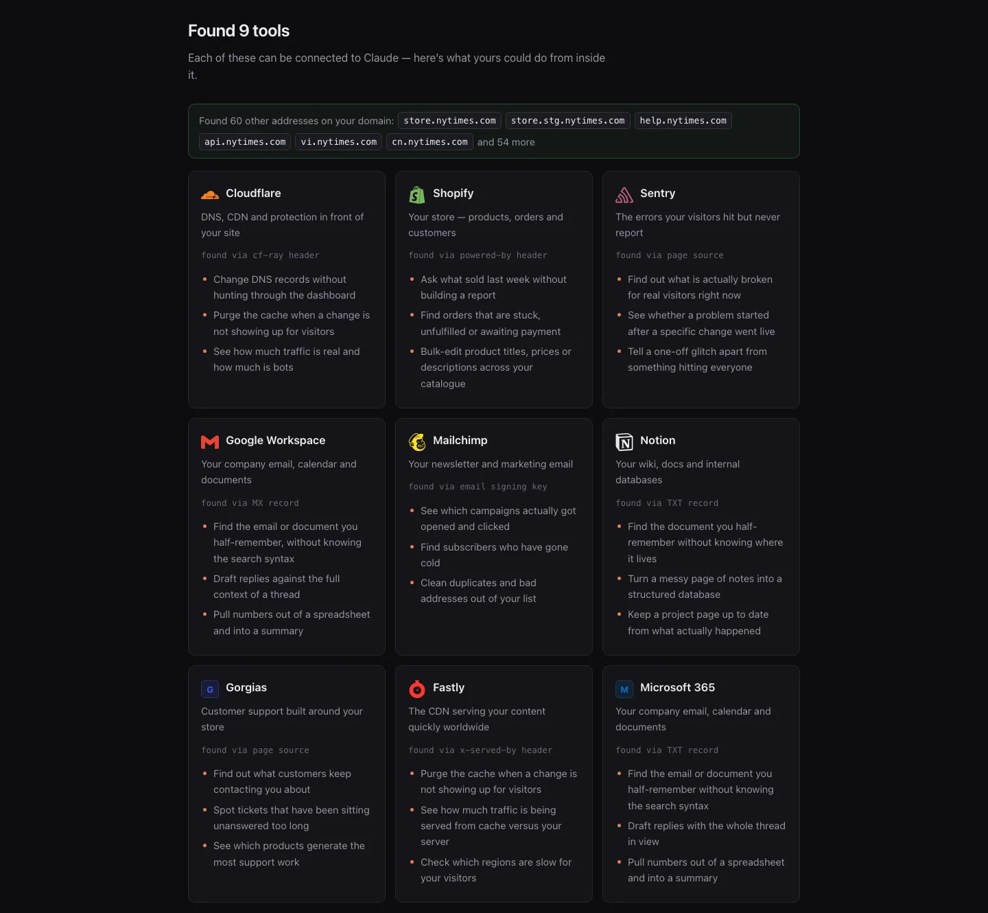 The results grid after a scan of nytimes.com: a strip listing other addresses found on the domain, above nine detected tools as cards, each naming the signal it was found by and what it could do from inside Claude.