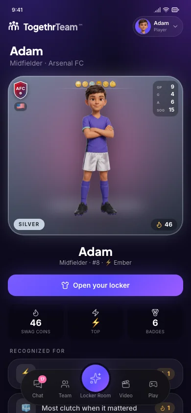 A player profile on a phone: coins earned, badges, and a 'Recognized for' list of traits.