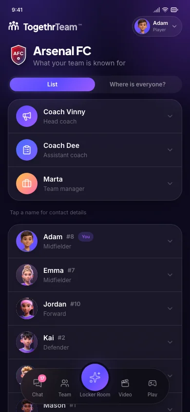 The team roster on a phone: coaches and manager listed above the full player list with positions and numbers.