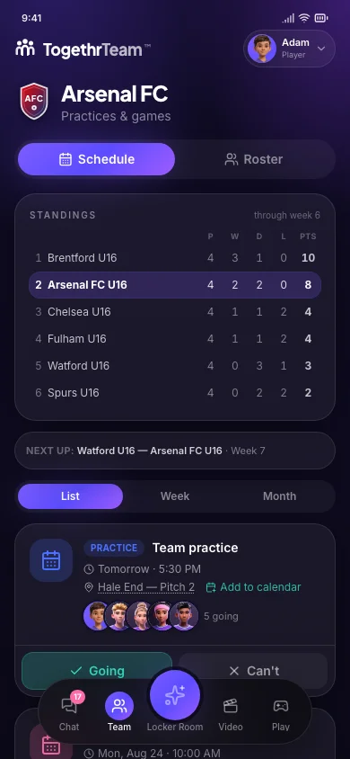 The team schedule on a phone: a Schedule / Roster toggle above a league standings table, a next-fixture line, List / Week / Month views, and a practice entry showing time, pitch, five going, and Going / Can't buttons.