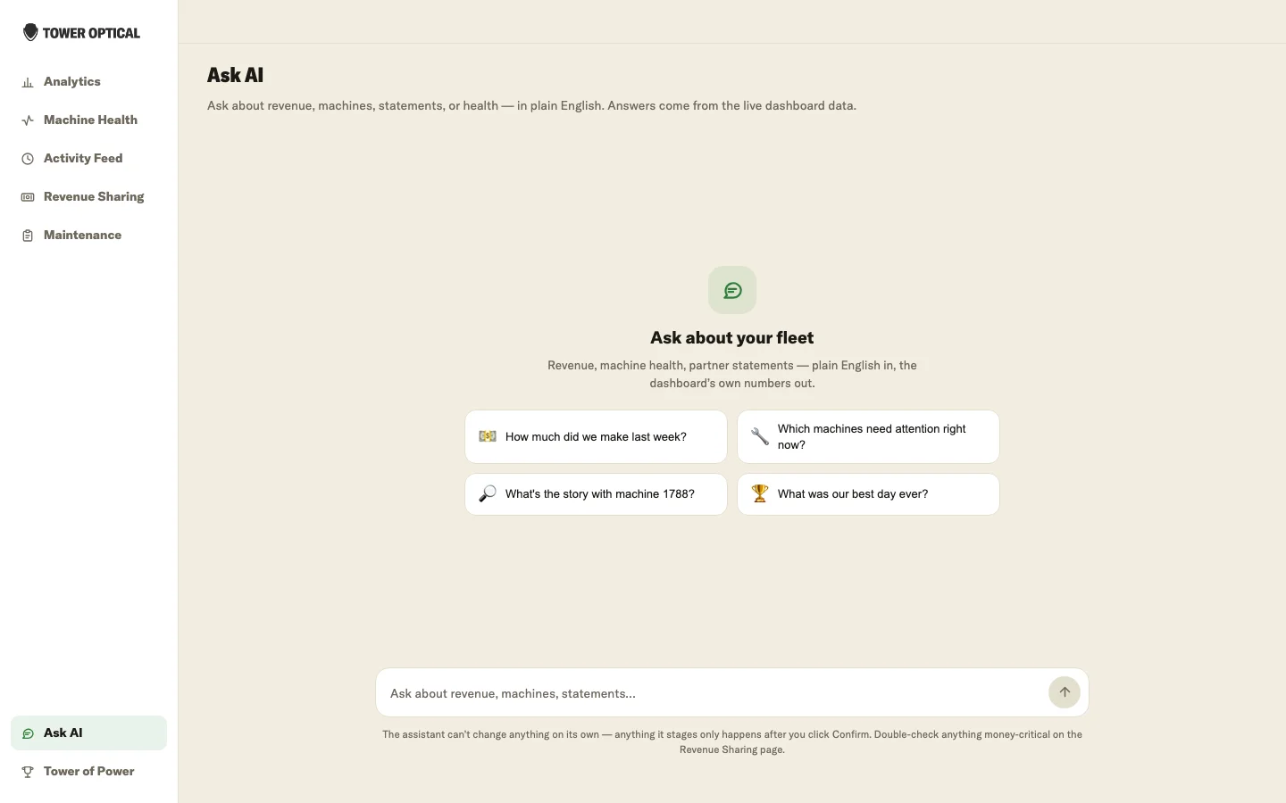 The Ask AI panel in its empty state, showing four suggested-question chips and an empty composer. No conversation is present.