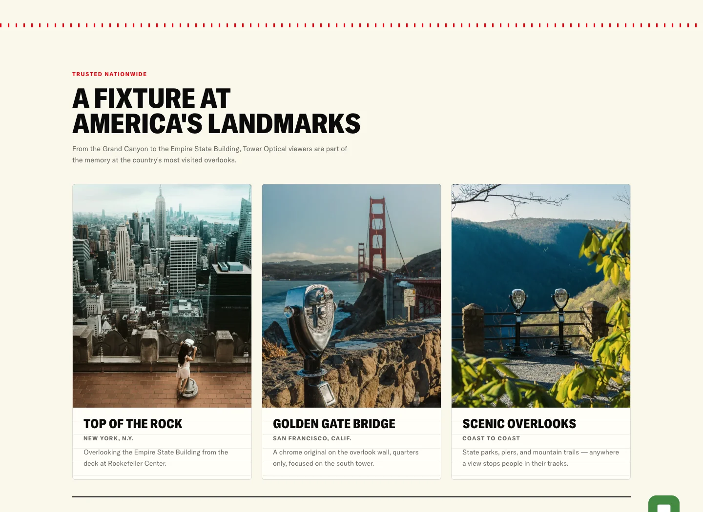 A homepage section headed 'A fixture at America's landmarks', with three photo cards of destinations where the viewers stand.