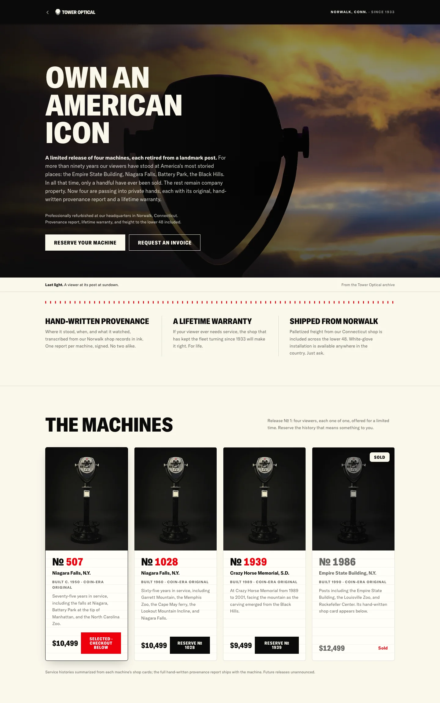 The reserve page: a hero reading Own an American Icon with Reserve your machine and Request an invoice side by side, three guarantees beneath it, and a grid of four numbered viewers, each with the posts it stood at, a build year, a price, and either a reserve button or a Sold mark.